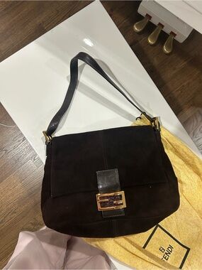 Fendi Dark Brown Suede Shoulder Bag with Gold-Tone Buckle